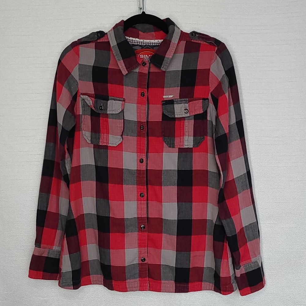 Sims Long Sleeve Plaid Button-Down Blqck Red Flannel Size Large